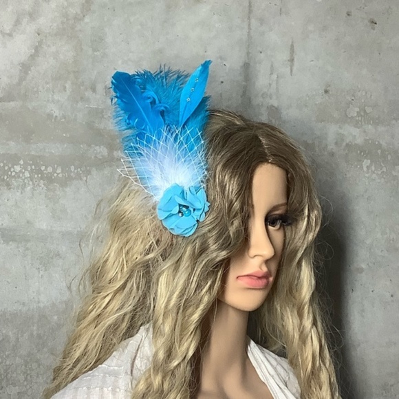 🍒 FEATHER HAIR PIECE FASCINATOR FLOWER BOHO BURLESQUE DANCER BLING PERFORMER - Picture 8 of 8